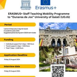 Erasmus+ Staff Teaching Mobility Programme to “Dunarea de Jos” University of Galati (UDJG), Romania, Deadline:  August 23, 2024